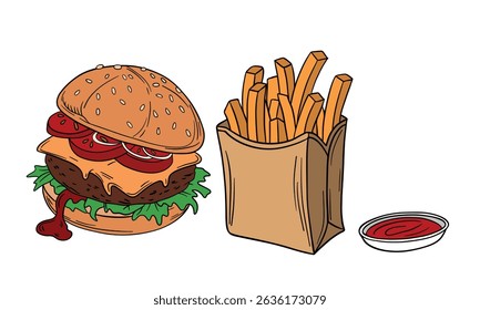 French potato fries with juicy fresh burger with dripping cheese, beef patty, fresh vegetables. Fast food delicious meal with tomato sauce. Takeout american food snack stick in box. Outline food art