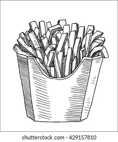 French potato fries in packet hand drawn sketch vector illustration