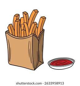 French potato fries in paper bag. Fast food delicious meal  with tomato sauce. Takeout american food snack stick in box. Outline food art