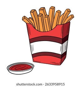 French potato fries in paper bag. Fast food delicious meal  with tomato sauce. Takeout american food snack stick in box. Outline food art