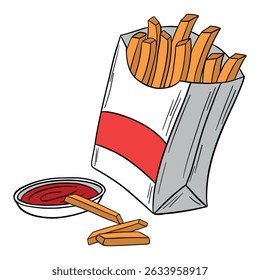 French potato fries in paper bag. Fast food delicious meal  with tomato sauce. Takeout american food snack stick in box. Outline food art