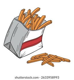 French potato fries in paper bag. Fast food delicious meal. Takeout american food snack stick in box. Outline food art