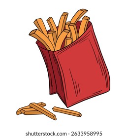 French potato fries in paper bag. Fast food delicious meal. Takeout american food snack stick in box. Outline food art