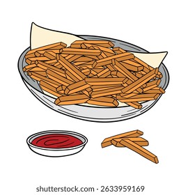 French potato fries in plate. Fast food delicious meal  with tomato sauce. Takeout american food snack stick in box. Outline food art