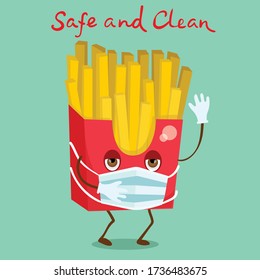 Cartel de la papa de Francia y limpio. Carácter divertido, protegido por copas, con máscara facial y guantes, gran diseño para cualquier propósito. Ilustración vectorial de la comida. 