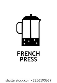 French press black icon. Advertising poster or banner for website. Kitchen utensils and equipment for cafe or restaurant. Modern marketing methods. Cartoon flat vector illustration