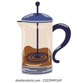 French press for brewing coffee. Equipment for making aromatic beverage. Morning routine. Hand drawn vector illustration isolated elements for cafe, menu, coffee shop