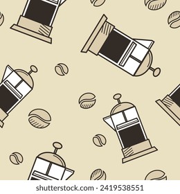 French press or caffettiera stantuffo with coffeeberry. Appliance for brewing caffeine drink, coffee plunger machine with beans. Seamless pattern print, background or wallpaper. Vector in flat style