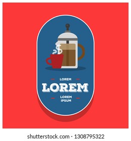 French Press Coffee Badge Sticker Design Flat Style Design