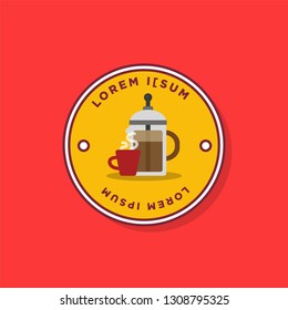 French Press Coffee Badge Sticker Design Flat Style Design