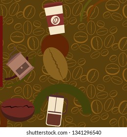 French press coffee, coffee beans, spilled coffee, vector illustration. Design elements for a cafe. Vector background.