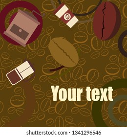 French press coffee, coffee beans, spilled coffee, vector illustration. Design elements for a cafe. Vector background.