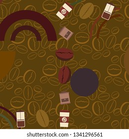 French press coffee, coffee beans, spilled coffee, vector illustration. Design elements for a cafe. Vector background.