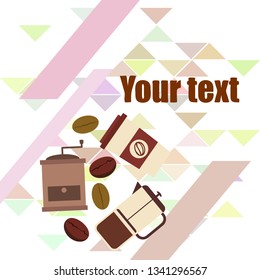 French press coffee, coffee beans, spilled coffee, vector illustration. Design elements for a cafe. Vector background.