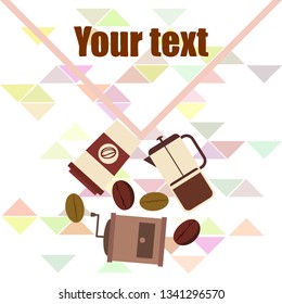 French press coffee, coffee beans, spilled coffee, vector illustration. Design elements for a cafe. Vector background.