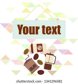 French press coffee, coffee beans, spilled coffee, vector illustration. Design elements for a cafe. Vector background.