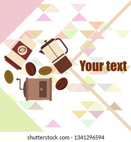 French press coffee, coffee beans, spilled coffee, vector illustration. Design elements for a cafe. Vector background.