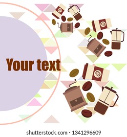 French press coffee, coffee beans, spilled coffee, vector illustration. Design elements for a cafe. Vector background.