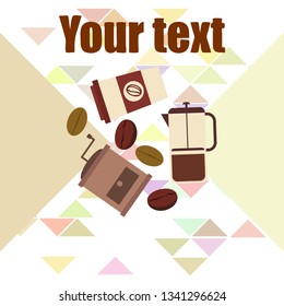 French press coffee, coffee beans, spilled coffee, vector illustration. Design elements for a cafe. Vector background.