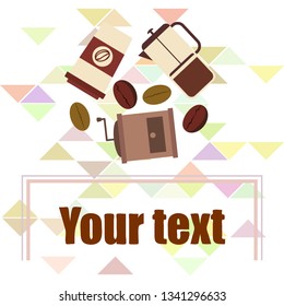 French press coffee, coffee beans, spilled coffee, vector illustration. Design elements for a cafe. Vector background.