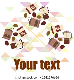 French press coffee, coffee beans, spilled coffee, vector illustration. Design elements for a cafe. Vector background.