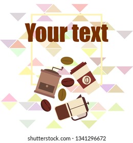 French press coffee, coffee beans, spilled coffee, vector illustration. Design elements for a cafe. Vector background.