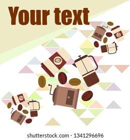 French press coffee, coffee beans, spilled coffee, vector illustration. Design elements for a cafe. Vector background.