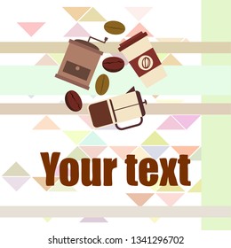 French press coffee, coffee beans, spilled coffee, vector illustration. Design elements for a cafe. Vector background.