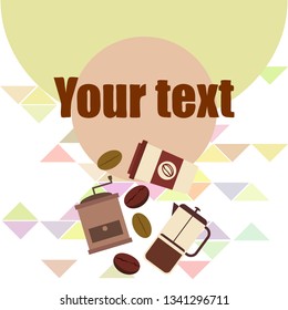 French press coffee, coffee beans, spilled coffee, vector illustration. Design elements for a cafe. Vector background.