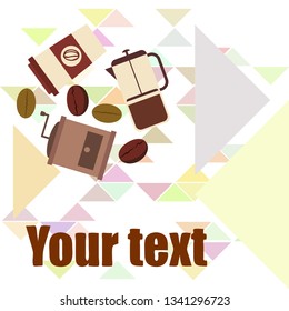 French press coffee, coffee beans, spilled coffee, vector illustration. Design elements for a cafe. Vector background.