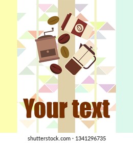 French press coffee, coffee beans, spilled coffee, vector illustration. Design elements for a cafe. Vector background.