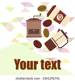 French press coffee, coffee beans, spilled coffee, vector illustration. Design elements for a cafe. Vector background.