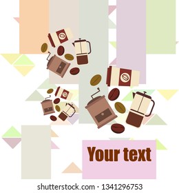 French press coffee, coffee beans, spilled coffee, vector illustration. Design elements for a cafe. Vector background.