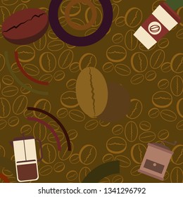 French press coffee, coffee beans, spilled coffee, vector illustration. Design elements for a cafe. Vector background.