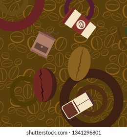 French press coffee, coffee beans, spilled coffee, vector illustration. Design elements for a cafe. Vector background.