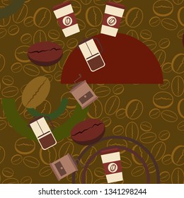 French press coffee, coffee beans, spilled coffee, vector illustration. Design elements for a cafe. Vector background.