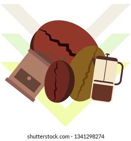 French press coffee, coffee beans, spilled coffee, vector illustration. Design elements for a cafe. Vector background.