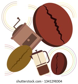 French press coffee, coffee beans, spilled coffee, vector illustration. Design elements for a cafe. Vector background.