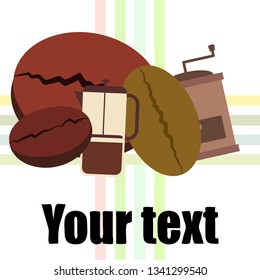 French press coffee, coffee beans, spilled coffee, vector illustration. Design elements for a cafe. Vector background.