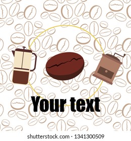 French press coffee, coffee beans, spilled coffee, vector illustration. Design elements for a cafe. Vector background.