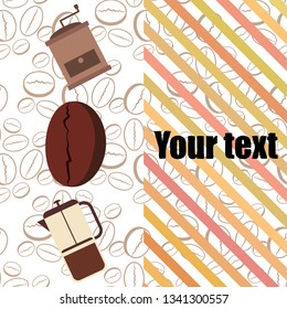 French press coffee, coffee beans, spilled coffee, vector illustration. Design elements for a cafe. Vector background.