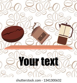 French press coffee, coffee beans, spilled coffee, vector illustration. Design elements for a cafe. Vector background.