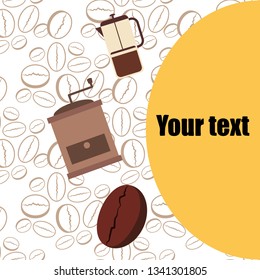 French press coffee, coffee beans, spilled coffee, vector illustration. Design elements for a cafe. Vector background.