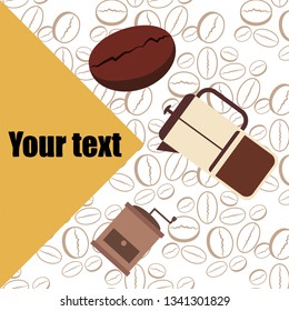 French press coffee, coffee beans, spilled coffee, vector illustration. Design elements for a cafe. Vector background.