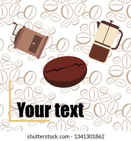 French press coffee, coffee beans, spilled coffee, vector illustration. Design elements for a cafe. Vector background.