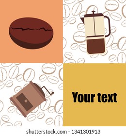 French press coffee, coffee beans, spilled coffee, vector illustration. Design elements for a cafe. Vector background.