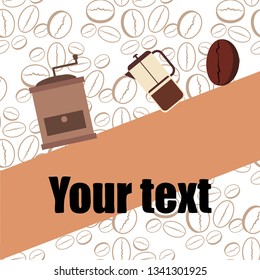 French press coffee, coffee beans, spilled coffee, vector illustration. Design elements for a cafe. Vector background.