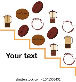 French press coffee, coffee beans, spilled coffee, vector illustration. Design elements for a cafe. Vector background.