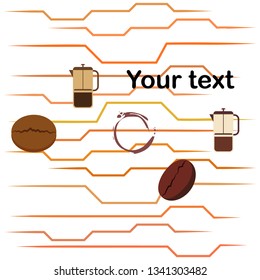 French press coffee, coffee beans, spilled coffee, vector illustration. Design elements for a cafe. Vector background.
