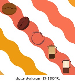 French press coffee, coffee beans, spilled coffee, vector illustration. Design elements for a cafe. Vector background.